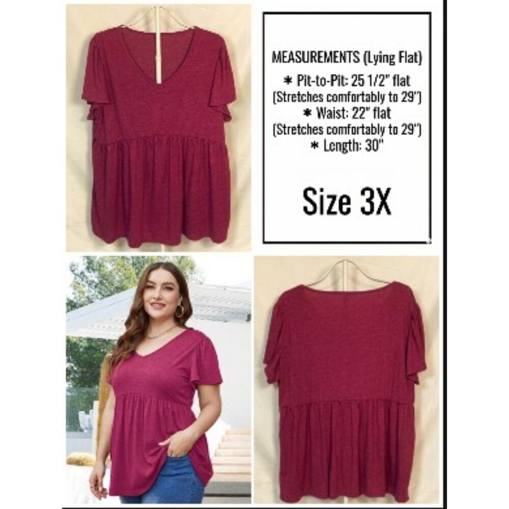Plus Size 3X 22-24 Cranberry V-Neck Babydoll Tunic Early Fall Short Sleeve Top